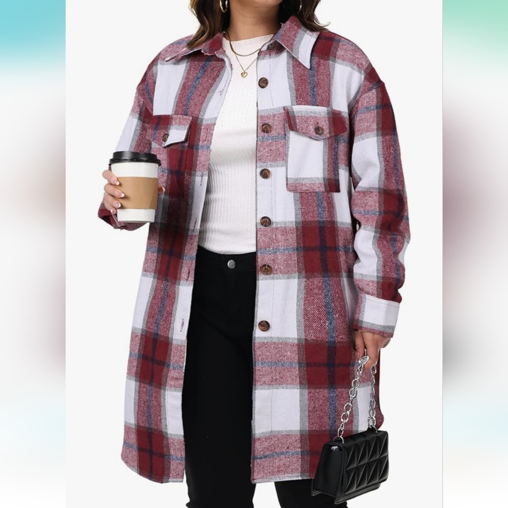 NIeyook Womens +Size Shacket Jacket Plaid Flannel Button Down Shirt